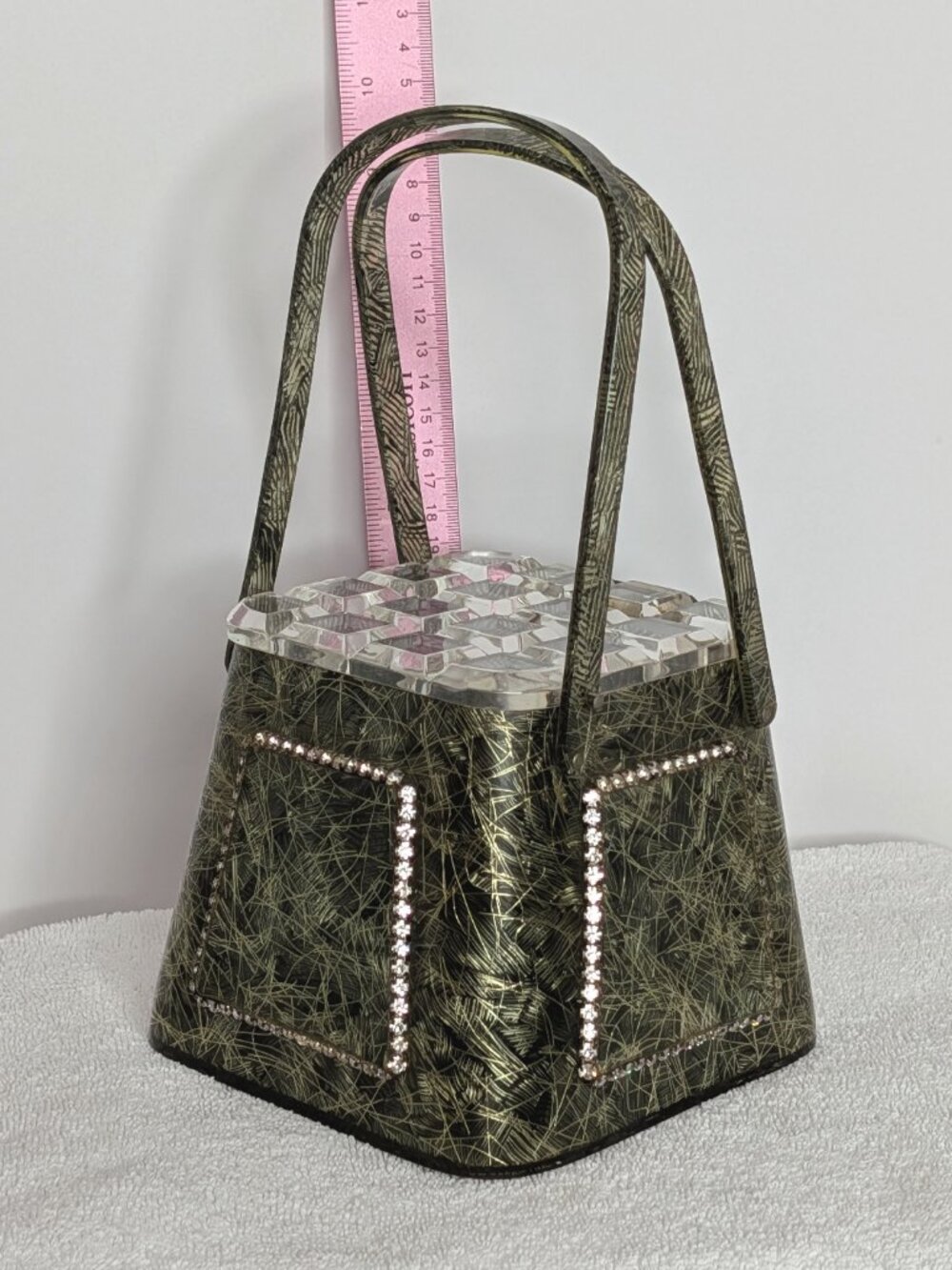 Wow MYLES Originals Green & Gold Streak LUCITE Basket BOX Purse 1950s, VG Cond